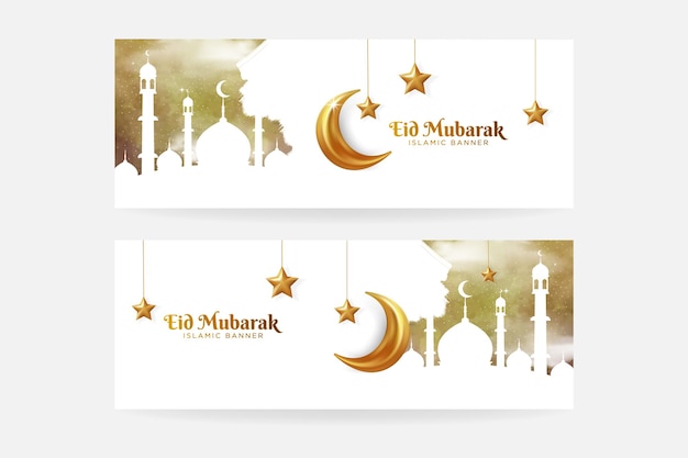 Vetor modelo de design de banner islâmico eid mubarak com lua crescente e estrela dourada