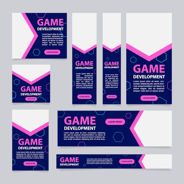 Modelo de design de banner web de curso de desenvolvimento de jogos folheto vetorial com espaço de texto cartaz de publicidade com copyspace personalizado cartaz promocional para impressão para publicidade layout gráfico