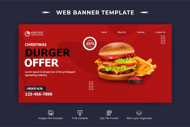 Modelo de design de banner web de menu de hambúrguer e comida delicioso