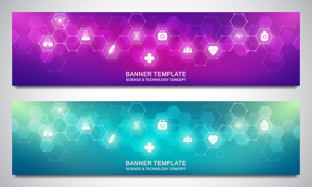 Modelo de design de banners para decoração de saúde e médico com símbolos e ícones planas.