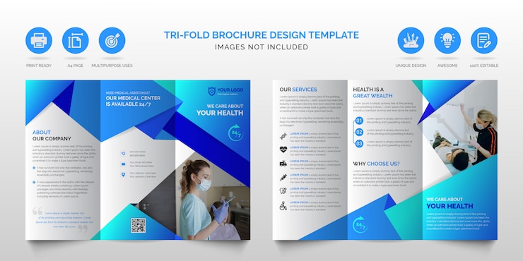 Modelo de design de brochura com três dobras profissional empresarial moderno azul multiuso