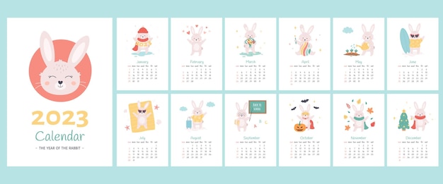 Modelo de design de calendário 2023 com coelhos fofos. ano do coelho. coleção de 12 modelos