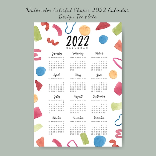 Modelo de design de calendário de formas coloridas em aquarela 2022