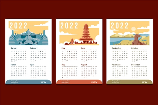 Modelo de design de calendário de mesa 2022 com ilustração da indonésia