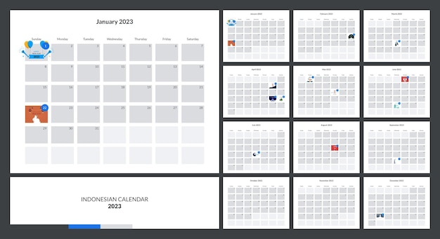 Modelo de design de calendário de mesa com calendário de ilustração 2023 de feriado indonésio