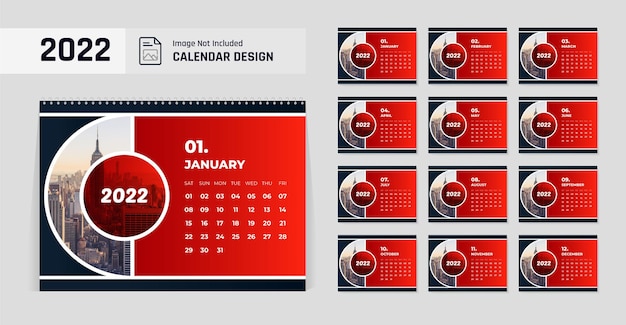 Modelo de design de calendário de mesa de ano novo de 2022 layout moderno de formato de cor vermelha e preta