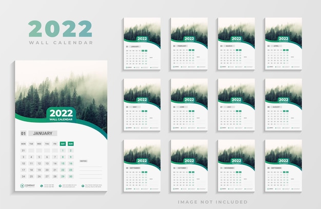 Vetor modelo de design de calendário de parede criativo verde moderno 2022