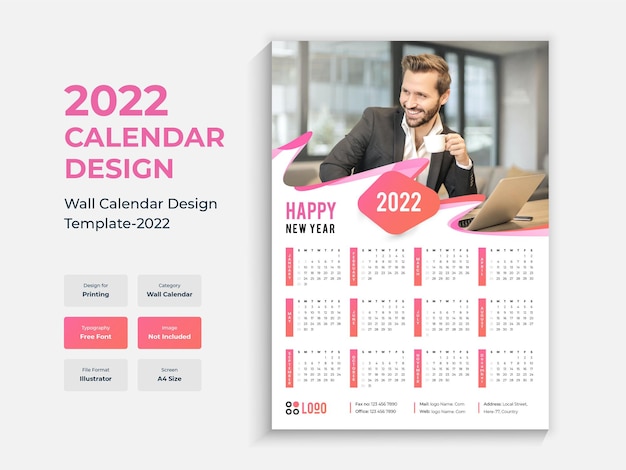 Vetor modelo de design de calendário de parede de página única 2022 calendário de ano novo multiuso colorido