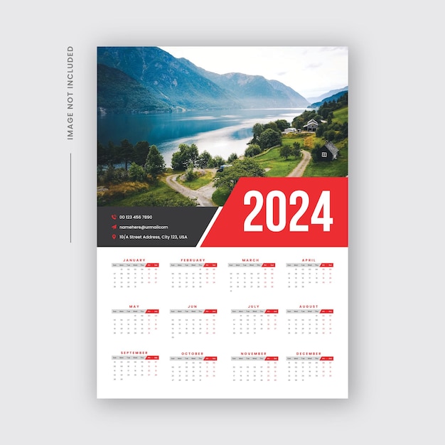 Modelo de design de calendário de parede de uma página 2024