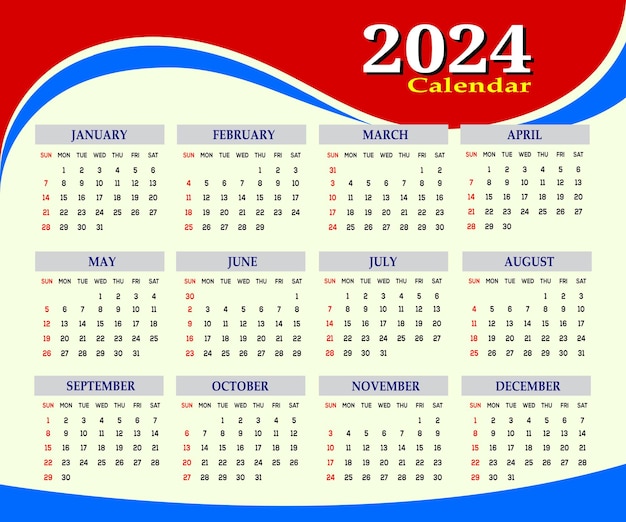 Modelo de design de calendário de parede de uma página para 2024 calendário moderno de 12 meses de uma página