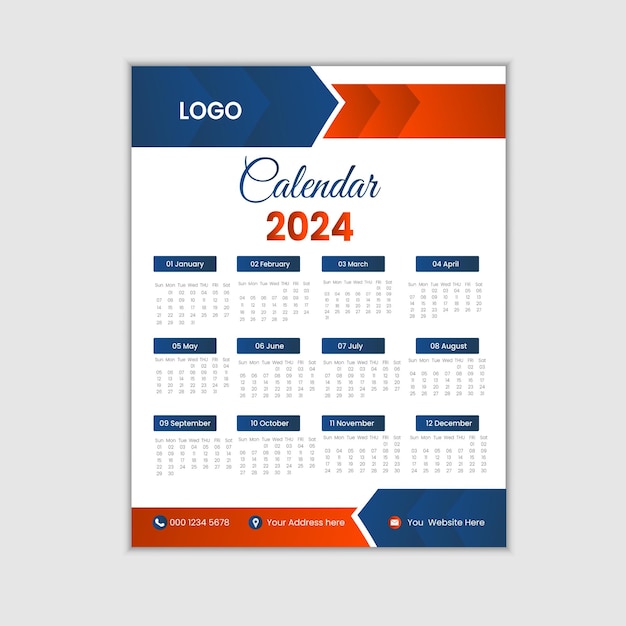 Modelo de design de calendário de parede vetorial 2024 ano novo