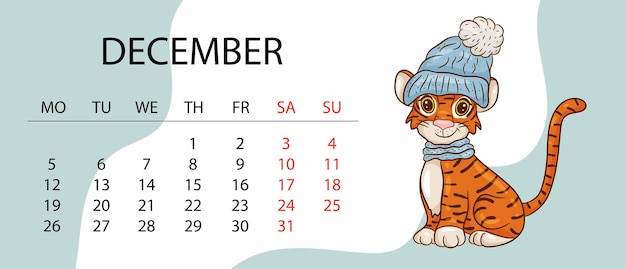 Modelo de design de calendário para 2022, o ano do tigre de acordo com o calendário chinês ou oriental, com uma ilustração do tigre. mesa horizontal com calendário para 2022. vector