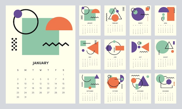 Vetor modelo de design de calendário para 2022, planejador mensal imprimível decorativo com fundo de forma geométrica, semana começa no domingo, ilustração vetorial