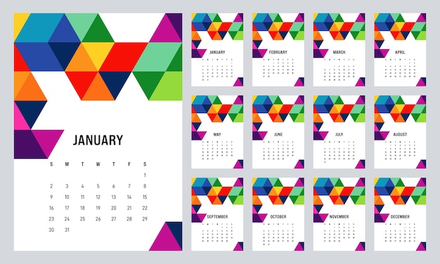 Vetor modelo de design de calendário para 2022, planejador mensal para impressão com forma geométrica isométrica colorida, semana começa no domingo, ilustração vetorial