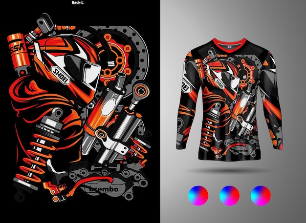 Modelo de design de camiseta de manga comprida, maquete de camisa de corrida de motocross. Uniforme esportivo frente e verso