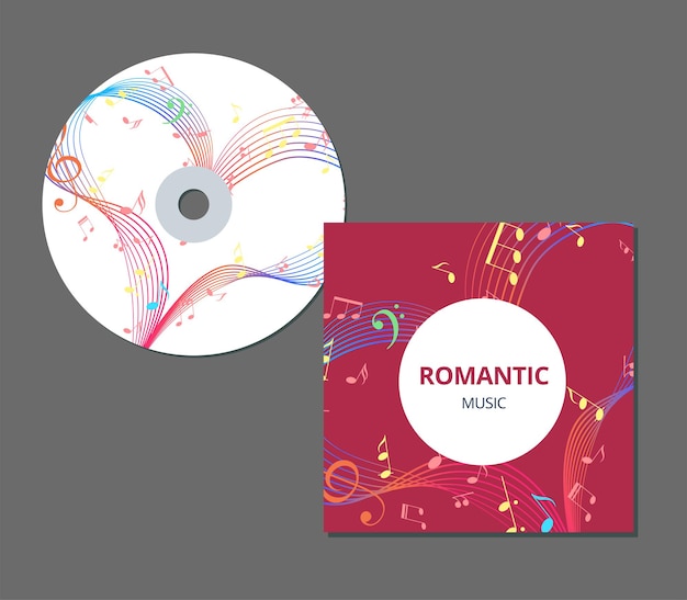 Modelo de design de capa de cd com vetor de música romântica de coração de música