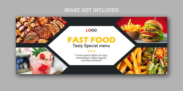 Vetor modelo de design de capa de mídia social de fast food. banner de capa de mídia social de serviço de alimentação saudável.