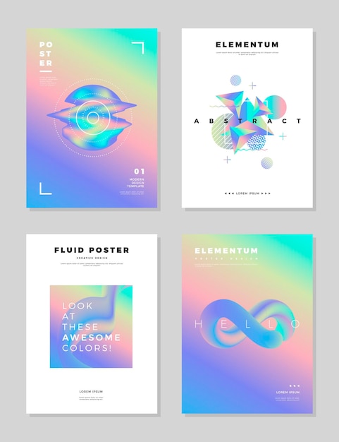 Modelo de design de capa de pôster abstrato moderno efeito holográfico fluido na moda forma composição para folhetos banners folhetos e relatórios