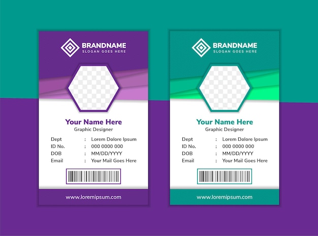 Modelo de design de cartão de identificação corporativa com espaço em hexágono para foto multicolorida em roxo e verde