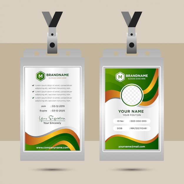 Modelo de Design de cartão de identificação corporativa com espaço para foto. gradiente de verde, marrom e amarelo para designs de elementos. estilo ondulado para carteira de identidade comercial.