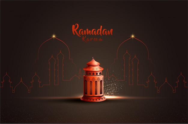 Modelo de design de cartão de saudação islâmica ramadan kareem com linda lanterna vermelha