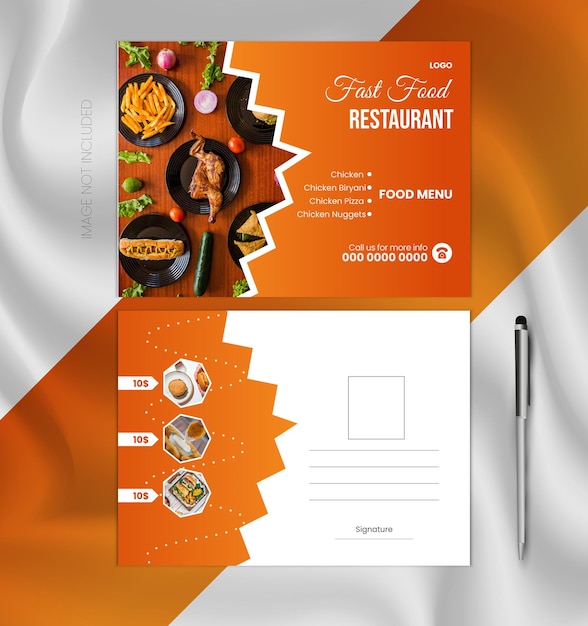 Vetor modelo de design de cartão postal de restaurante e menu de comida deliciosa