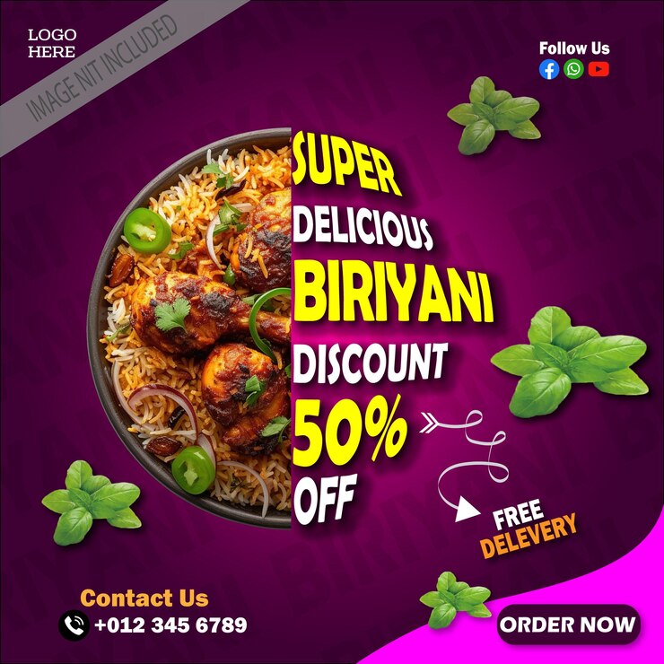 Modelo de design de cartaz de mídia social de alimentos Ilustração vetorial de postagem de mídia social Biriyani