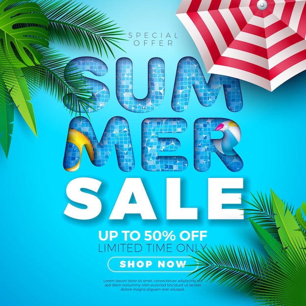 Modelo de design de cartaz de venda de verão com folhas de palmeira exóticas e elementos de férias de praia na piscina