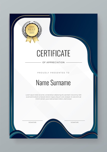 Modelo de design de certificado branco e azul criativo totalmente editável simples