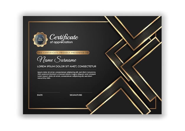 modelo de design de certificado com cores escuras e douradas