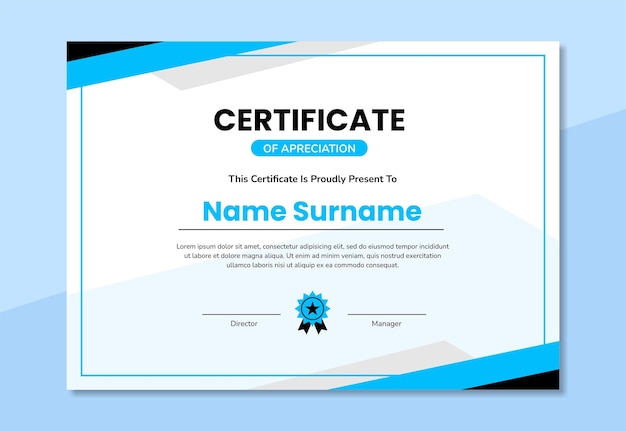 Modelo de design de certificado moderno com formas abstratas de azuis e pretas
