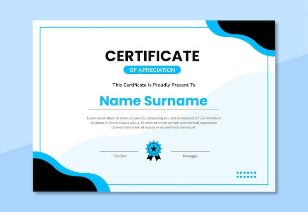 Modelo de design de certificado moderno com formas abstratas de azuis e pretas