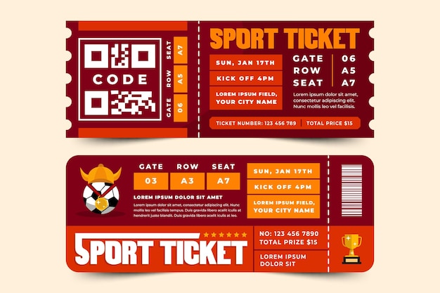 Vetor modelo de design de comprovantes de ingressos para eventos esportivos de torneio de futebol fácil de personalizar