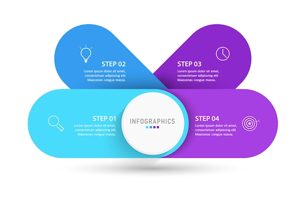 Modelo de design de etiqueta infográfico com ícones e 4 opções ou etapas.