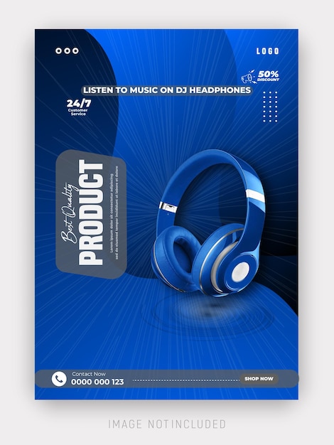 Modelo de design de folheto de dispositivos de postagem e promoção de mídia social de produtos de marca de fones de ouvido