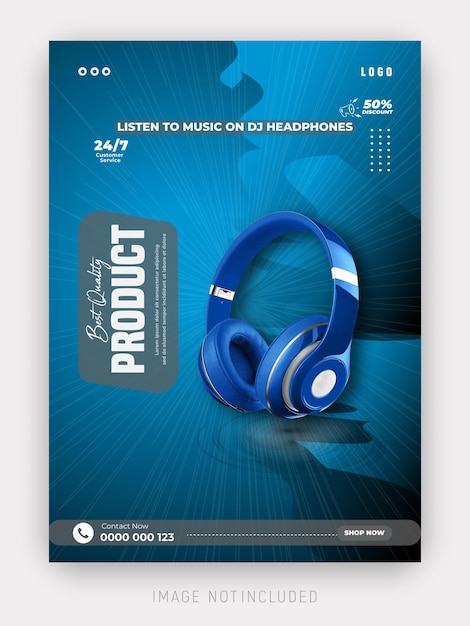 Modelo de design de folheto de dispositivos de postagem e promoção de mídia social de produtos de marca de fones de ouvido