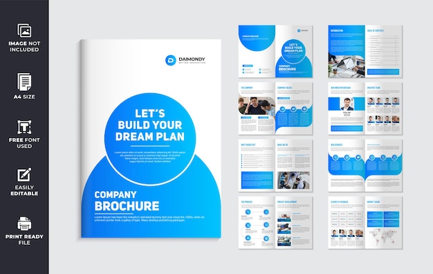 Modelo de design de folheto de perfil da empresa com formas de cor azul