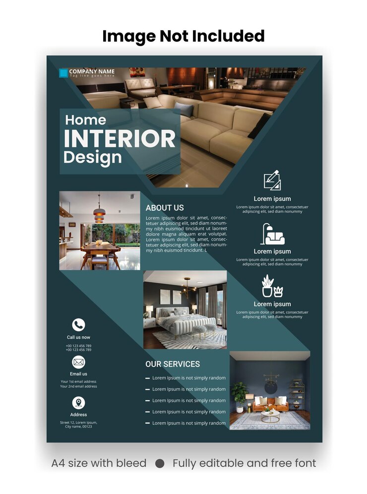 Vetor modelo de design de folheto moderno para design de interiores para casa tamanho a4 internacional com área de sangramento