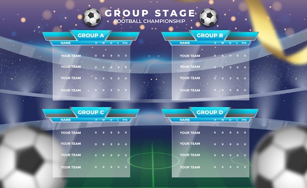 Modelo de design de futebol programação de torneio colorido vetor de fase de grupo
