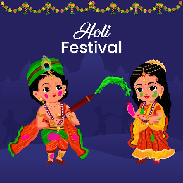 Vetor modelo de design de happy holi com shri radha rani e krishna ji jogando holi um com o outro