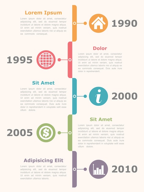 Modelo de design de infografia de linha de tempo vertical com datas de ícones e ilustração de vetor de texto eps10
