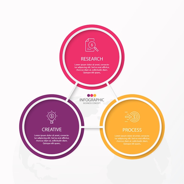 Modelo de design de infográfico com ícones de linha fina e 3 opções, processos ou etapas.