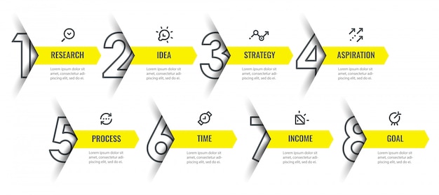 Modelo de design de infográfico com ícones e 8 opções ou etapas.