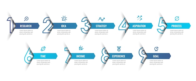 Vetor modelo de design de infográfico com ícones e 9 opções ou etapas. pode ser usado para diagrama de processo, apresentações, layout de fluxo de trabalho, banner, fluxograma, gráfico de informações.