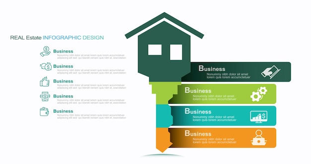 Modelo de design de infográfico com palavras-chave imobiliárias e ícones de ilustração de ações infográfico