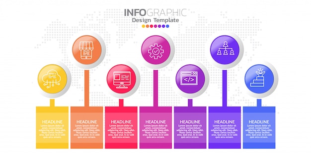 Modelo de design de infográfico com sete opções de cores.