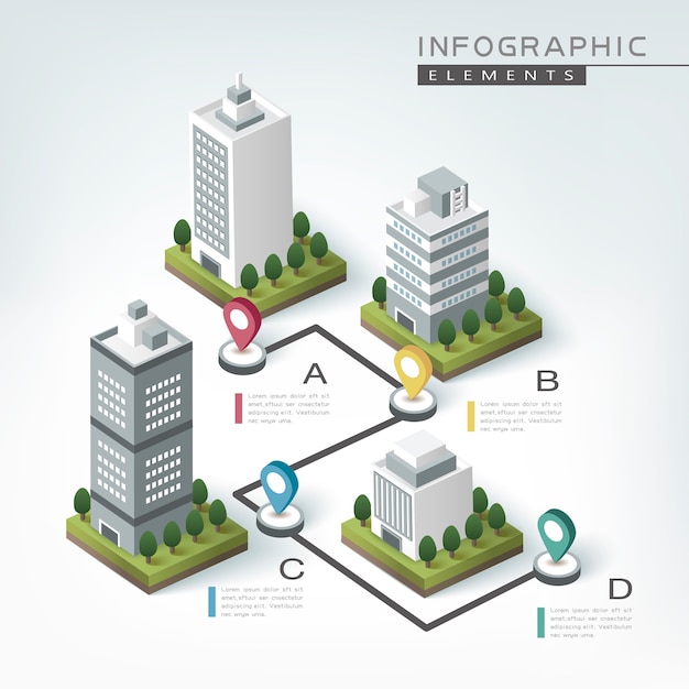 Modelo de design de infográfico criativo com gráfico de edifícios comerciais