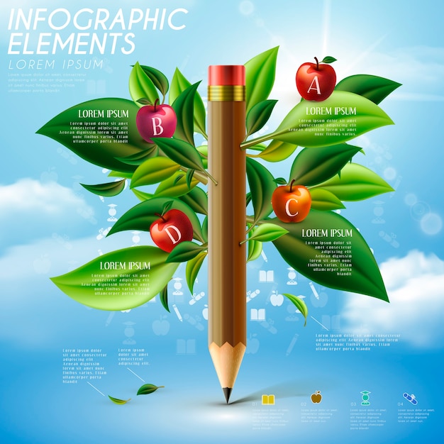 Modelo de design de infográfico de educação com árvore de lápis