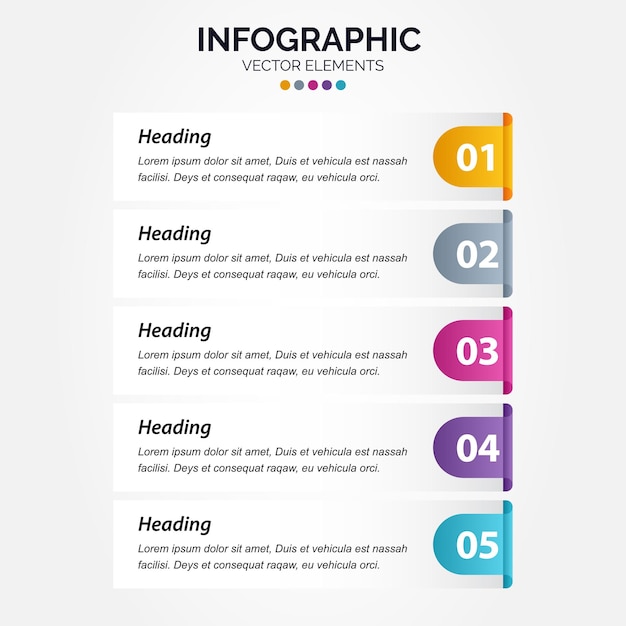 Modelo de design de infográfico vertical de negócios com ícones e 5 cinco opções ou etapas