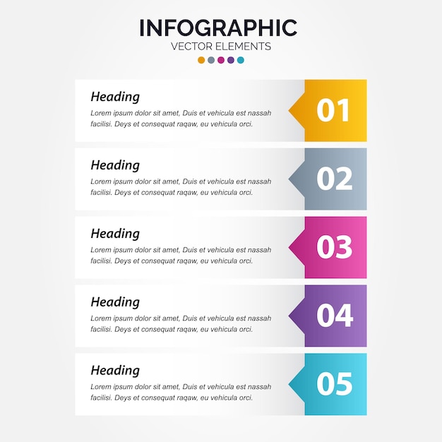 Modelo de design de infográfico vertical de negócios com ícones e 5 cinco opções ou etapas